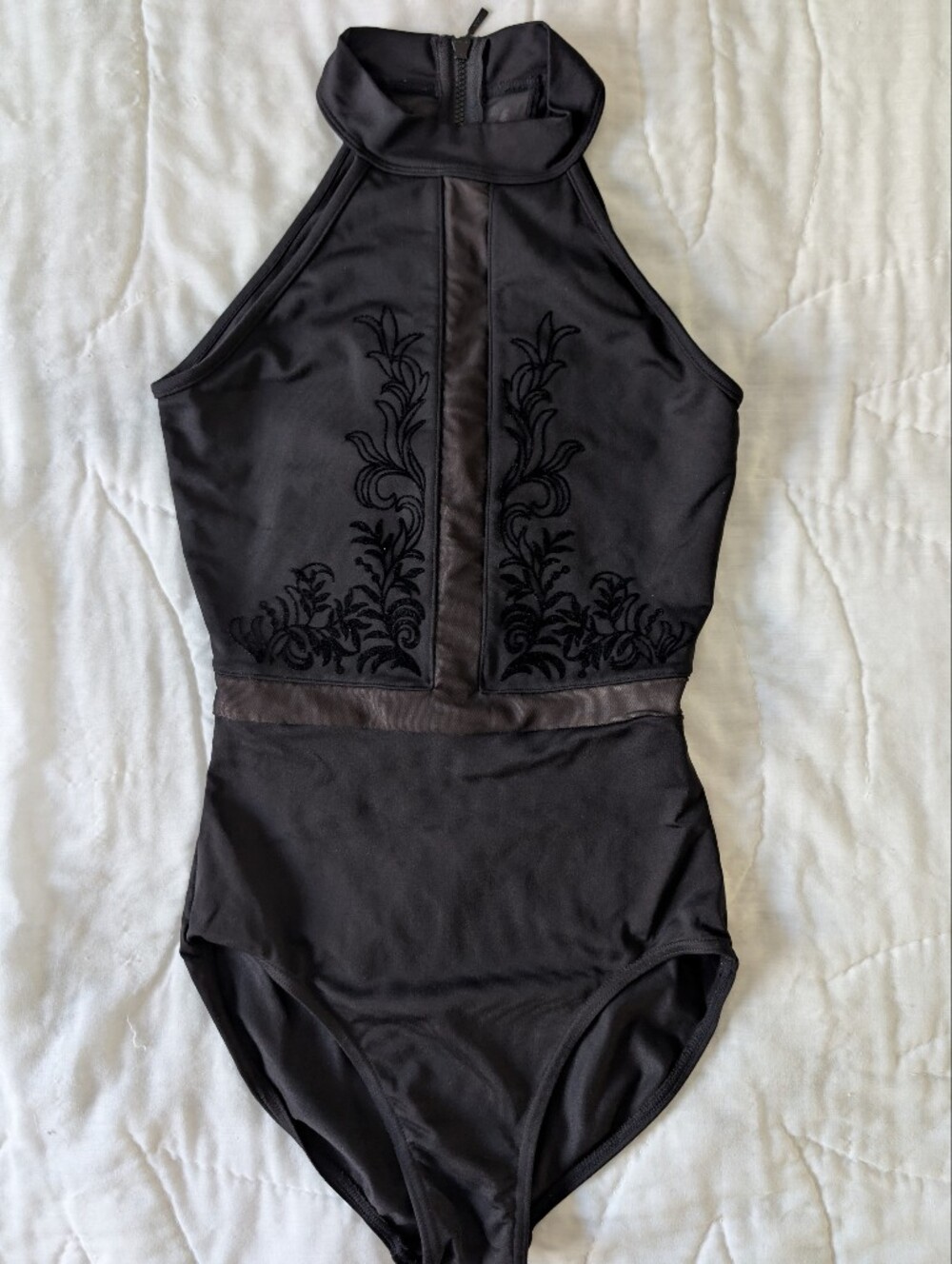 Bloch Black High-Neck Embroidered Mesh-Panel Ballet Leotard